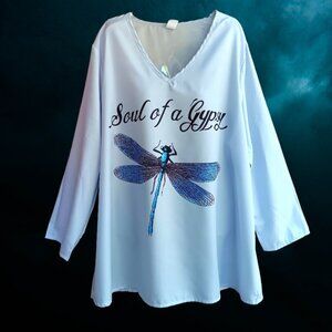 J. C Fashion Womens Top Blouse Long Sleeves Blue Dragonfly Print Size 2XL